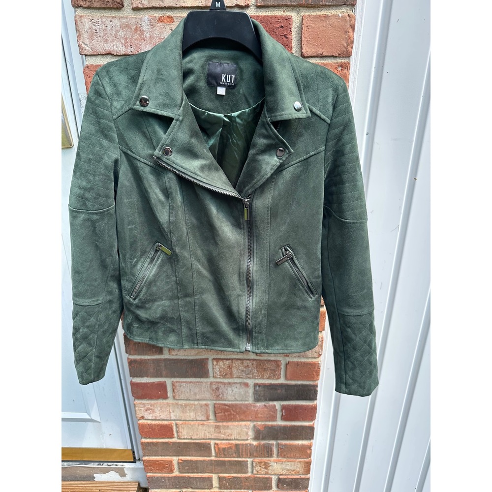 KUT from the Kloth Woman's M Faux Suede Moto Jacket Green Quilted Biker